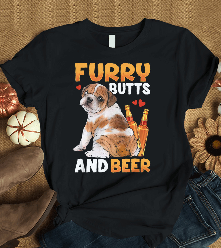 Furry Butts And Beer English Bulldog and Bottles with Hearts T-Shirt