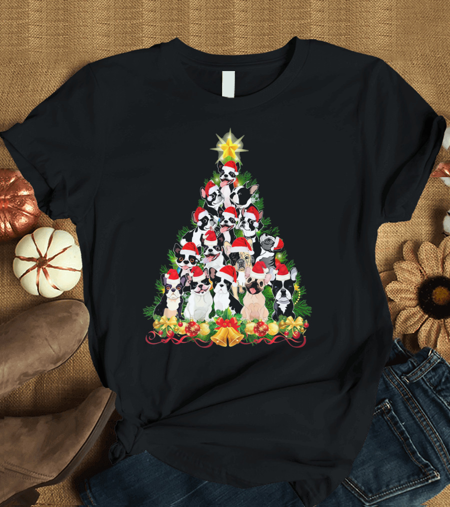 Frenchie Christmas Tree with Cute French Bulldog Santa Hats T-Shirt
