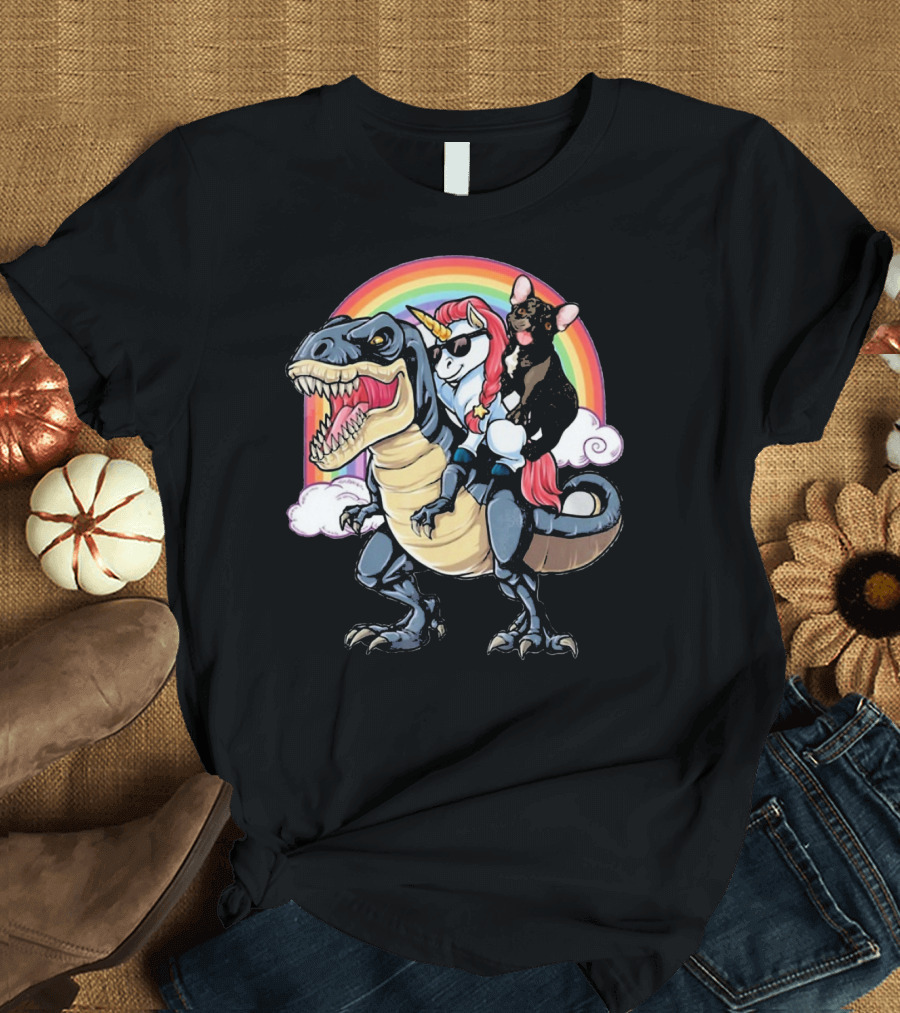 Frenchie Riding Unicorn Dinosaur Rex Rainbow T-Shirt
