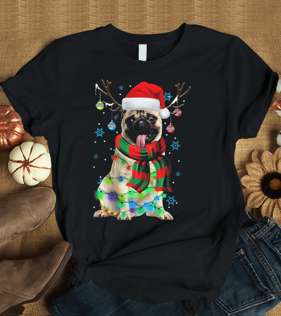 Funny Christmas Pug Dog with Reindeer Antlers and Santa Hat T-Shirt