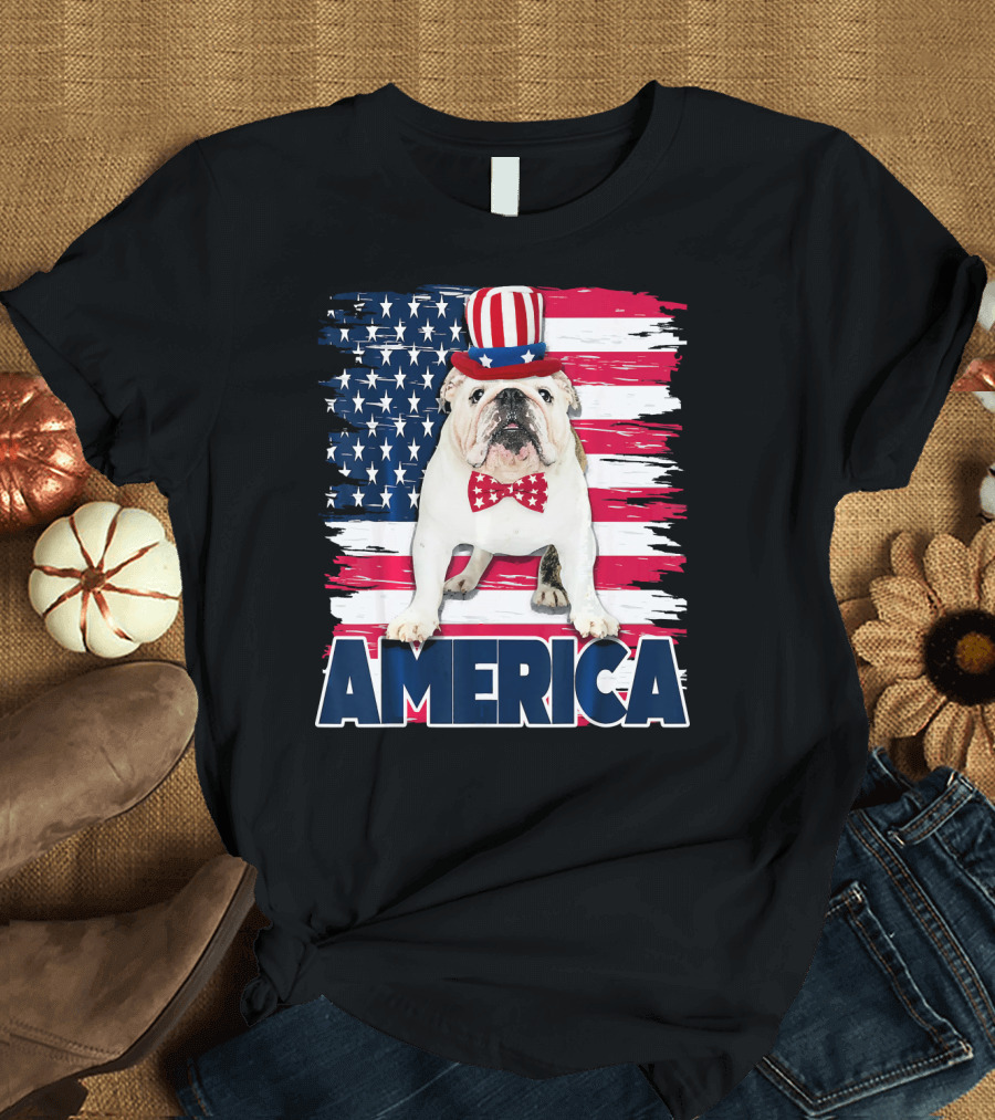 English Bulldog America 4th of July American Flag Hat T-Shirt