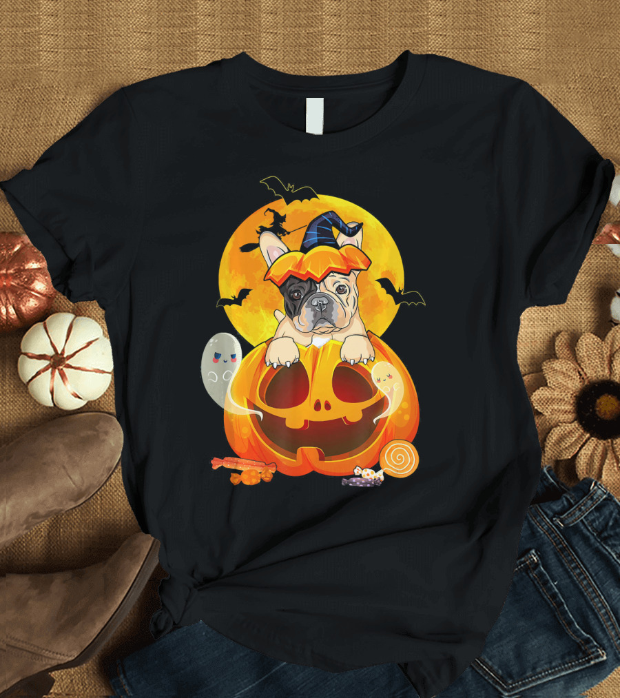 French Bulldog in Witch Pumpkin with Ghosts and Bats Halloween Scene T-Shirt