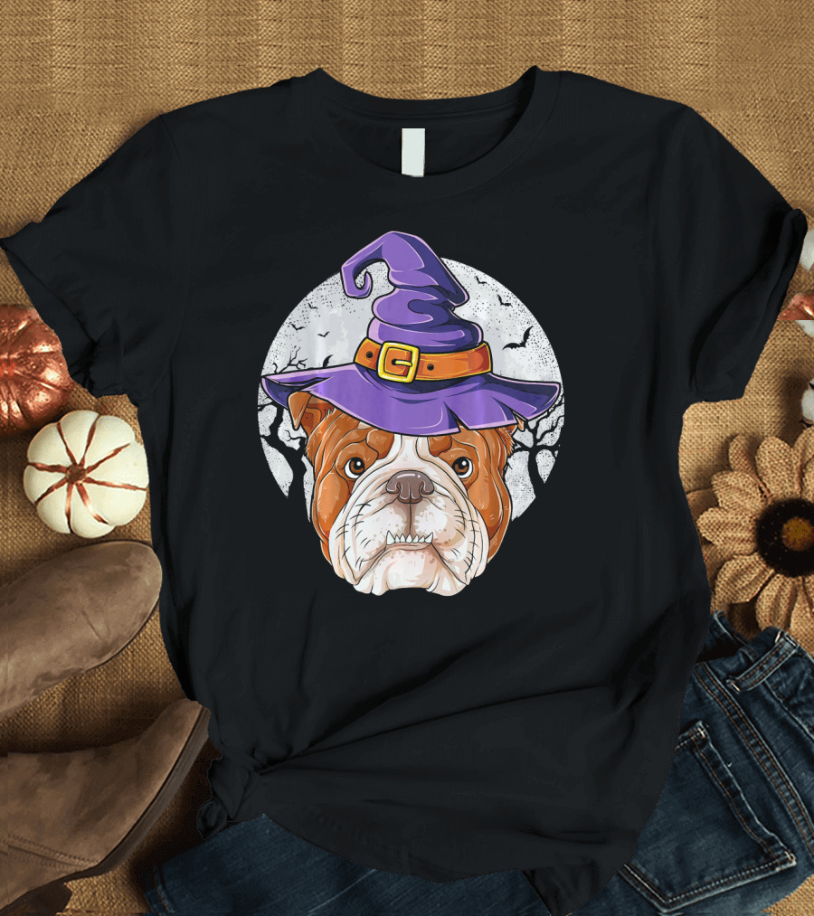 English Bulldog in Witch Hat Halloween Scene T-Shirt