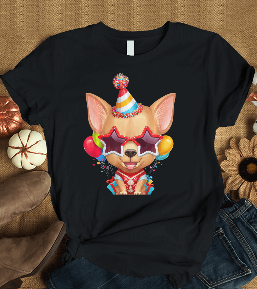 Fawn Smooth Coat Chihuahua in Star Glasses with Party Hat and Balloons T-Shirt