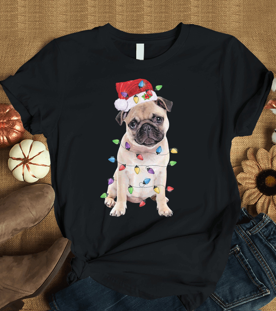 Santa Hat Pug Wrapped in Colorful Christmas Lights T-Shirt