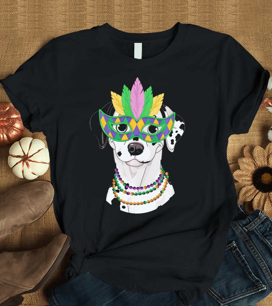 Funny Dalmatian with Mardi Gras Beads and Colorful Feathered Mask T-Shirt