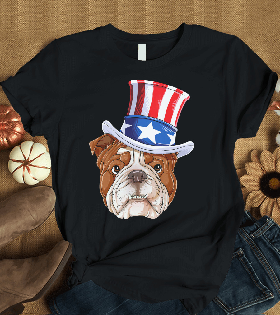 English Bulldog Uncle Sam Patriotic Hat T-Shirt