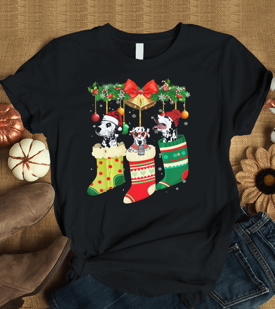 Dalmatian Christmas Stockings with Holiday Bells and Festive Hats T-Shirt