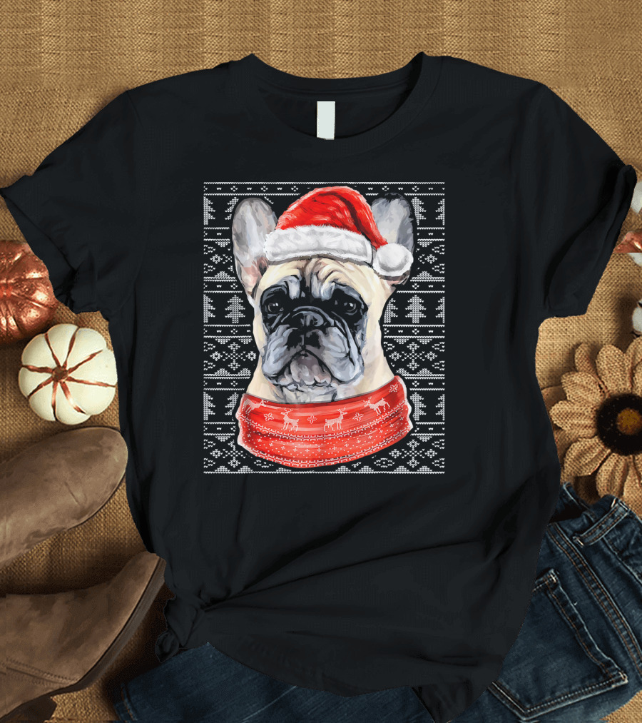 French Bulldog Santa Hat Holiday T-Shirt
