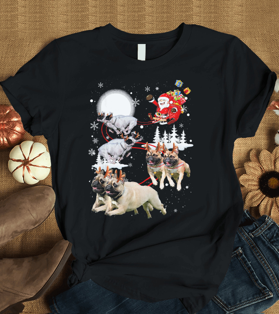 French Bulldog Reindeer Moon Santa Christmas T-Shirt