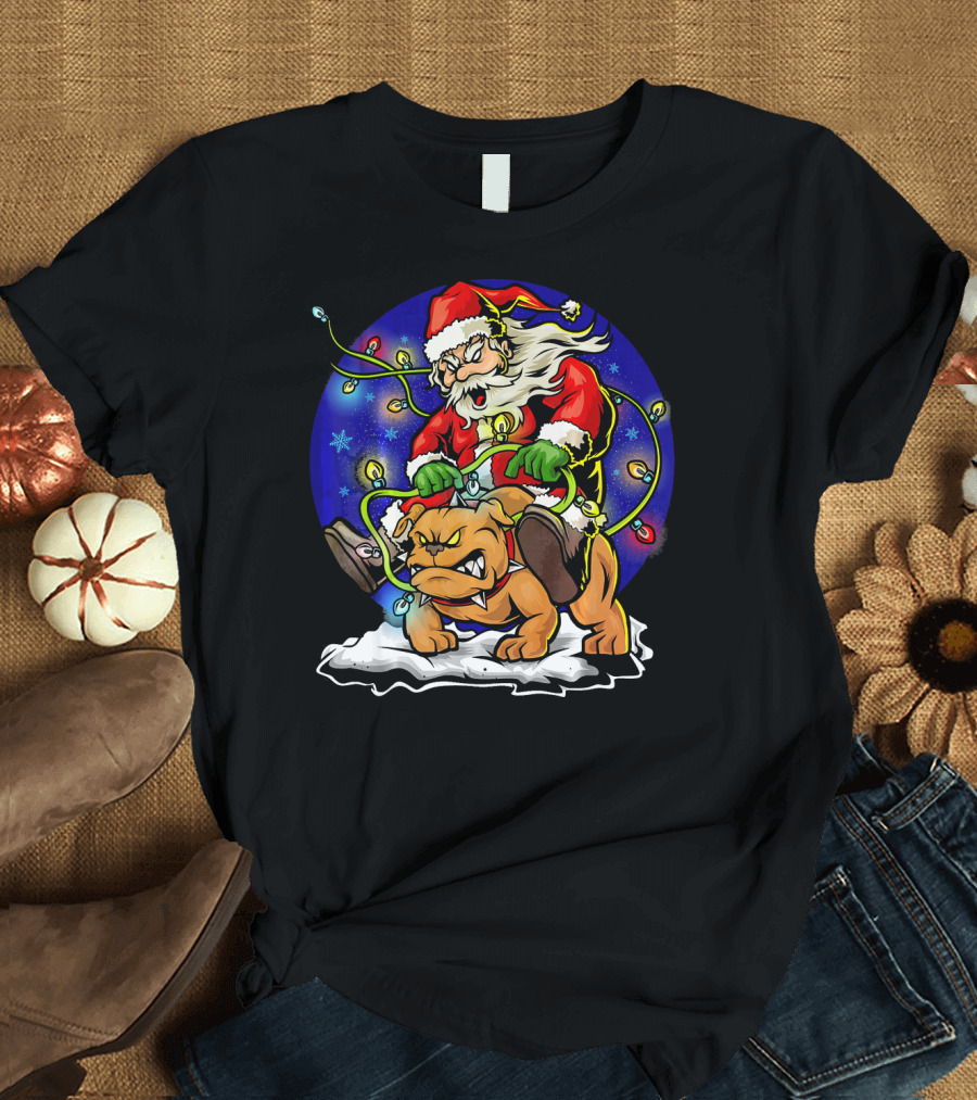 Funny Santa Riding Angry Bulldog with Christmas Lights T-Shirt