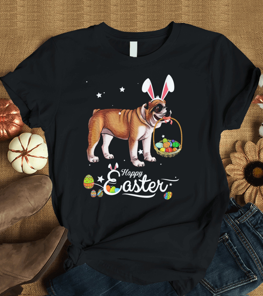 Happy Easter English Bulldog with Bunny Ears and Basket T-Shirt