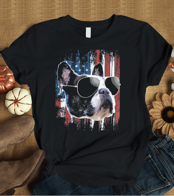 T-Shirt: French Bulldog Wearing Sunglasses American Flag Background T-Shirt French Bulldog Wearing Sunglasses American Flag Background T-Shirt