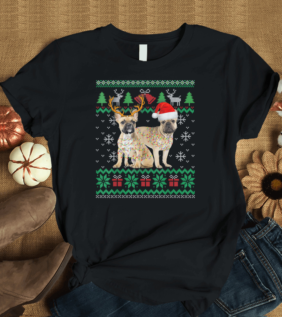 French Bulldog Puppy Ugly Christmas Reindeer and Santa Hat T-Shirt