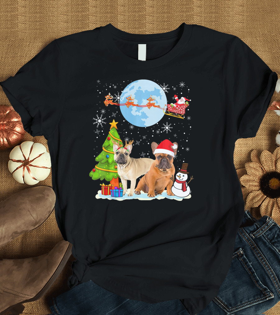 Funny French Bulldog Christmas Moon Santa Reindeer Sleigh Tree Snowman T-Shirt
