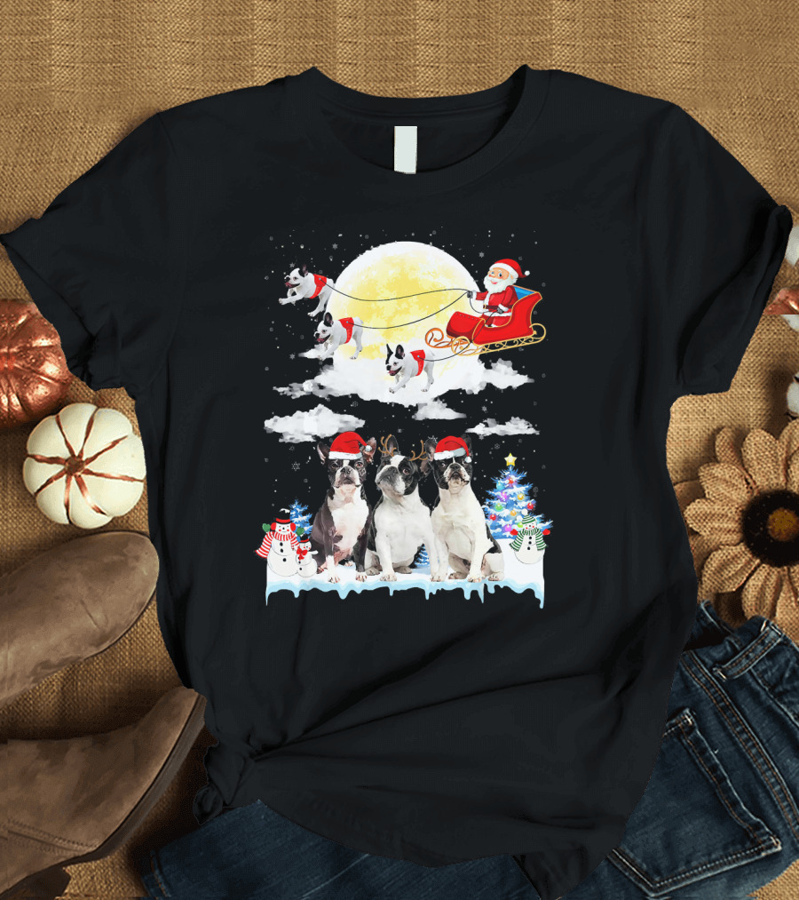 French Bulldog Christmas Santa Sleigh with Snowmen and Christmas Tree T-Shirt