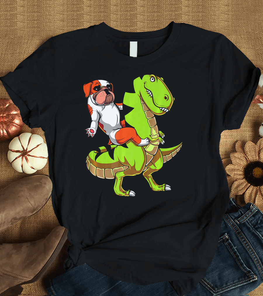 English Bulldog Riding T-Rex Dinosaur T-Shirt