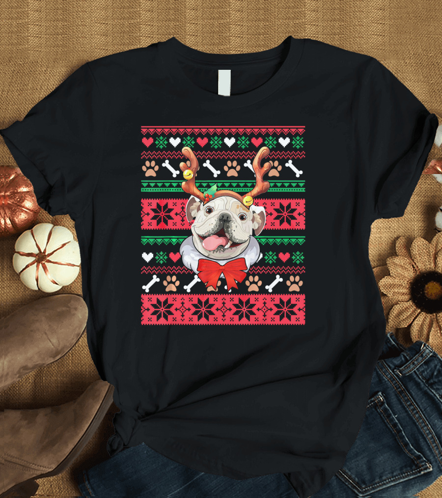 Ugly Christmas Sweater English Bulldog with Antlers and Bow T-Shirt
