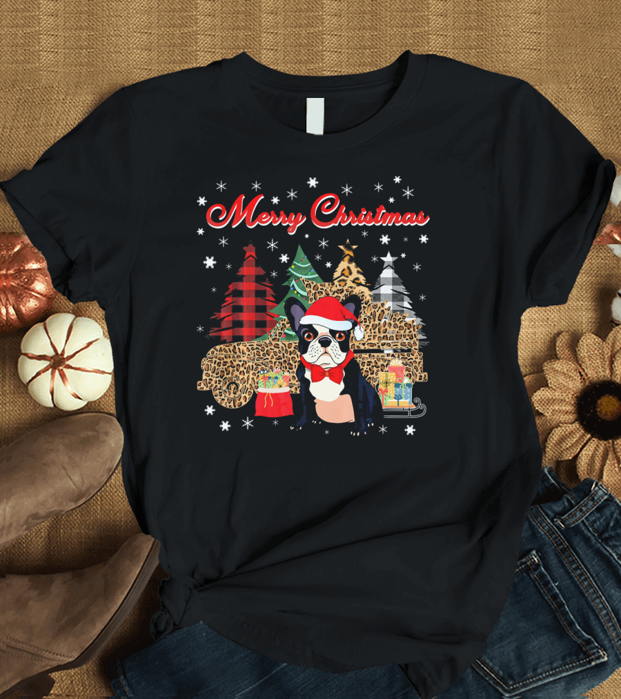 Merry Christmas French Bulldog Leopard Plaid Truck with Gifts and Trees T-Shirt