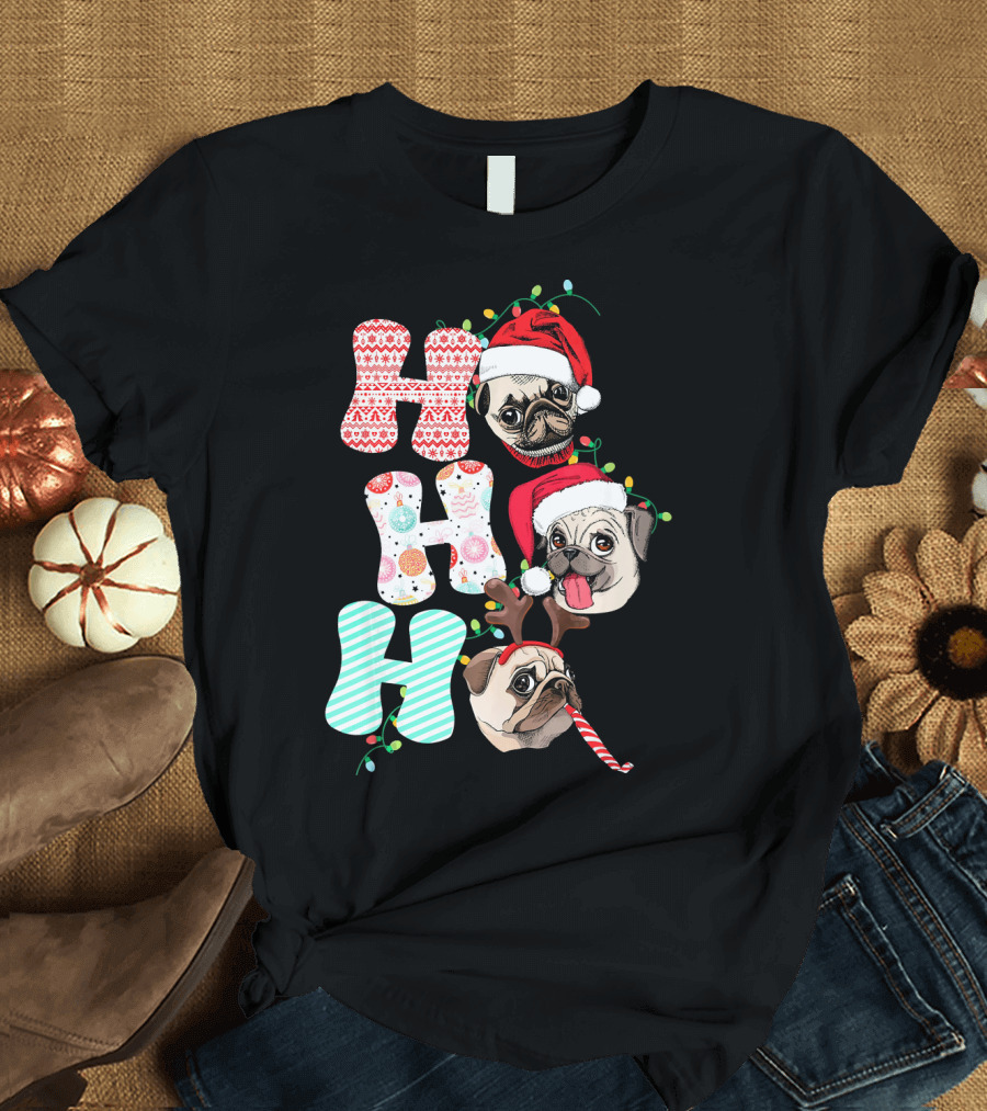 Ho Ho Ho Christmas Pug Santa and Reindeer Dogs T-Shirt