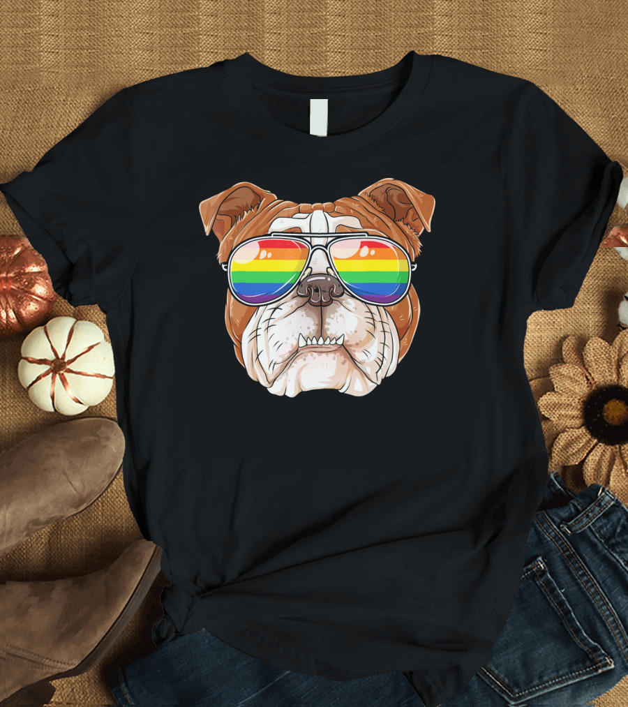 English Bulldog with Rainbow Gay Pride Flag Sunglasses T-Shirt