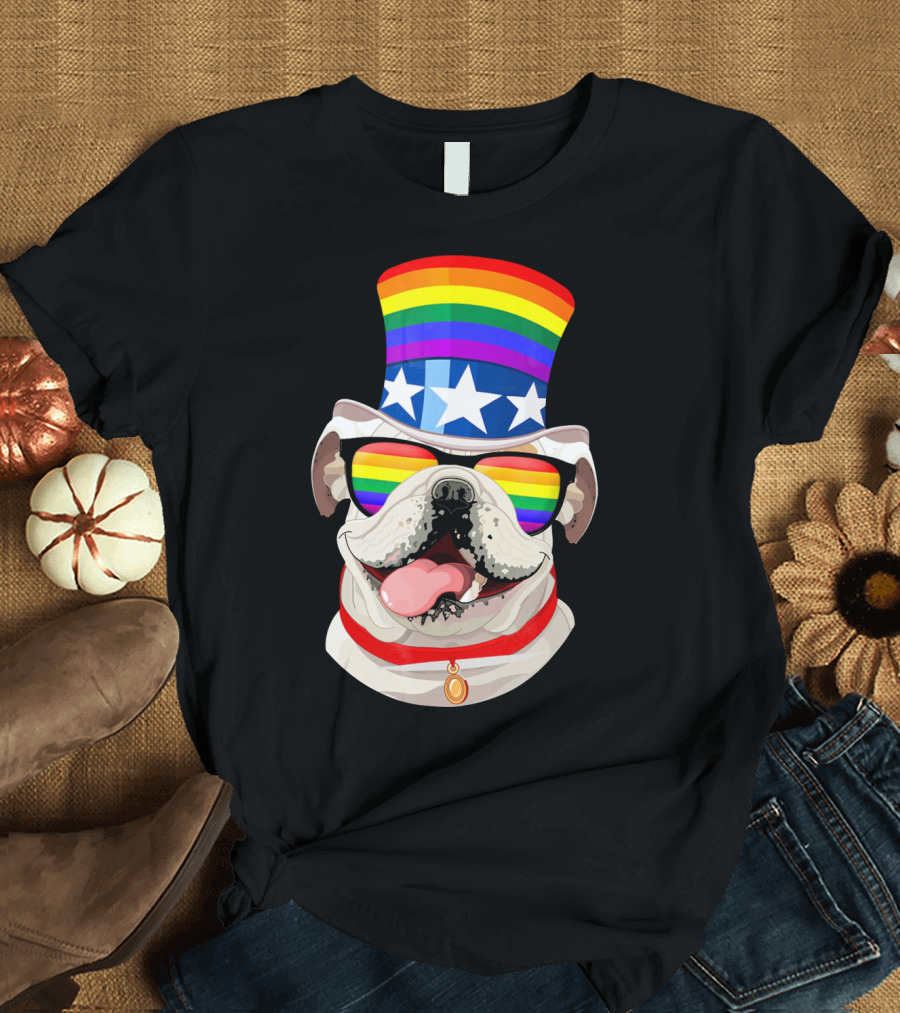 English Bulldog Rainbow Gay Pride Stars and Stripes Hat T-Shirt
