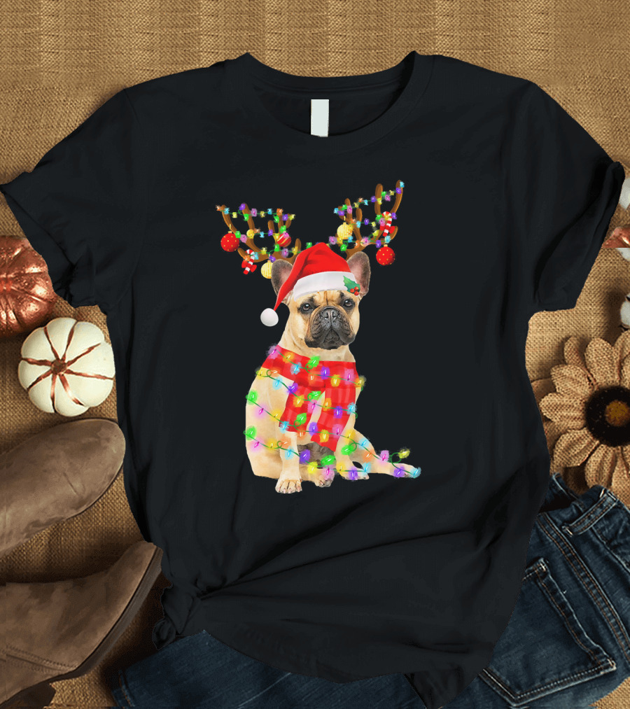 Christmas French Bulldog with Reindeer Antlers and Santa Hat T-Shirt