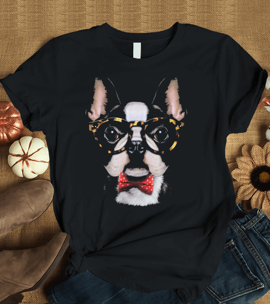 French Bulldog Dog Wearing Tortoiseshell Eyeglasses and Red Polka Dot Bow Tie T-Shirt