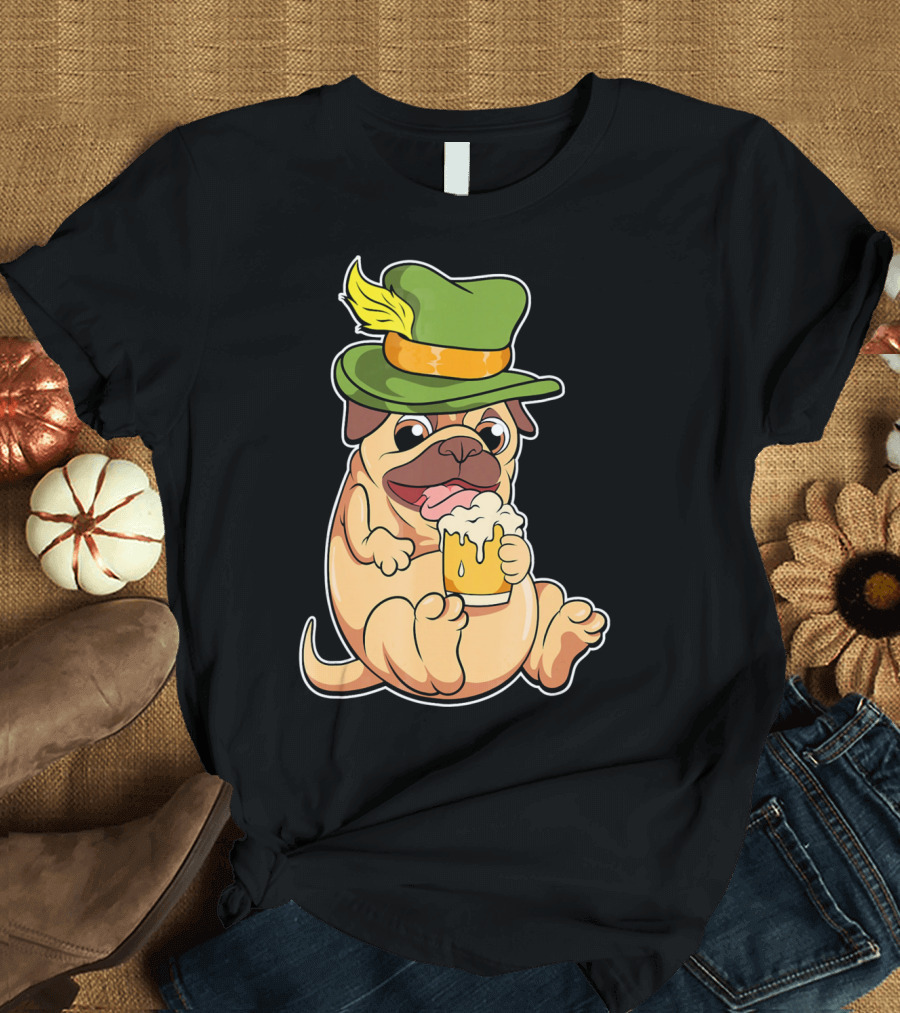 Funny Oktoberfest Pug with Beer and Green Hat T-Shirt