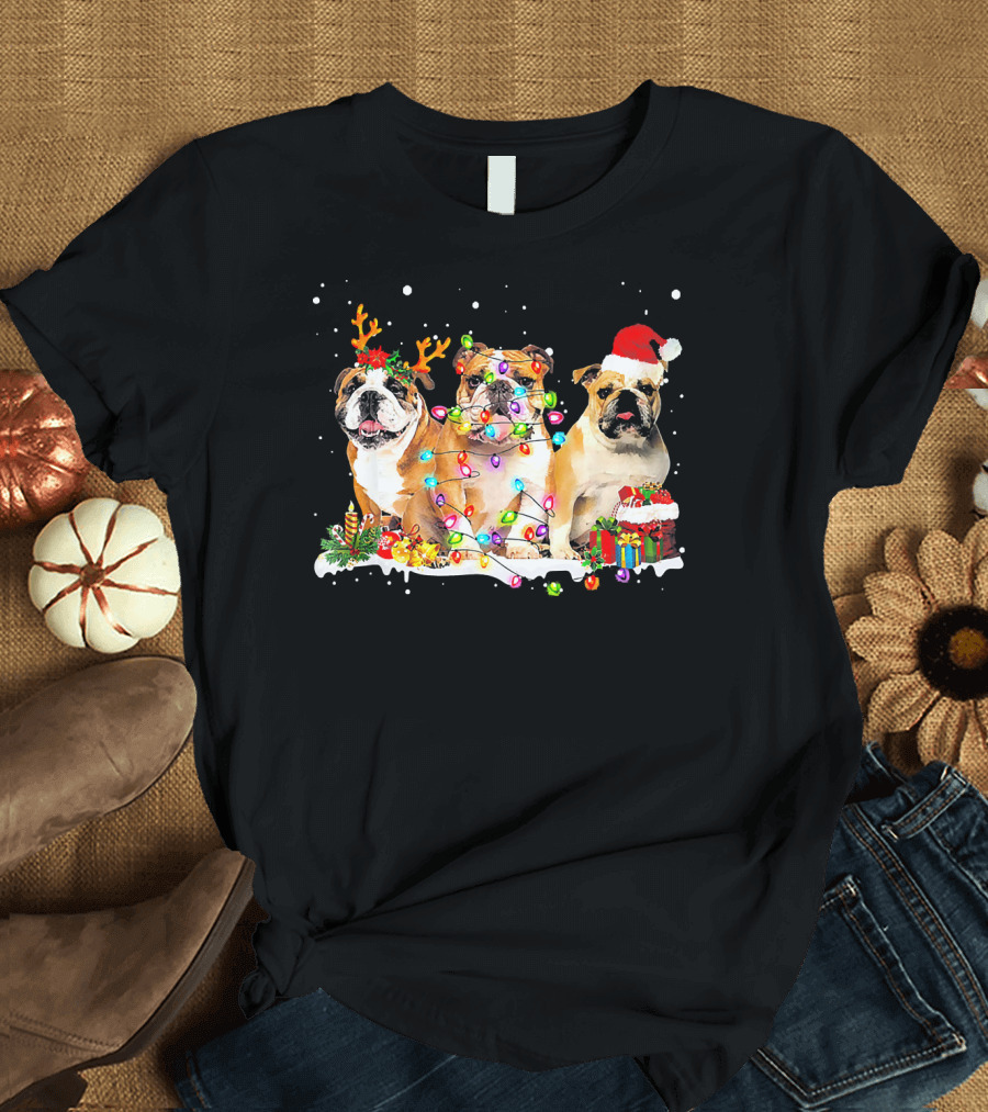 Christmas English Bulldog Santa and Reindeer with Festive Lights T-Shirt