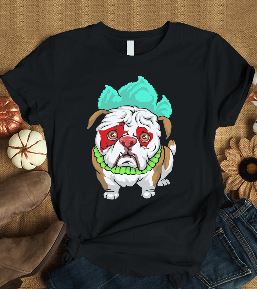 English Bulldog Clown Bulldo with Colorful Hair and Collar T-Shirt