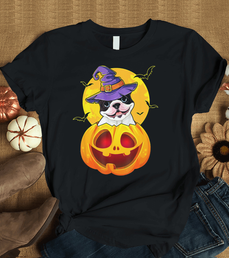 French Bulldog in Witch Hat Inside Jack O Lantern with Bats and Full Moon T-Shirt