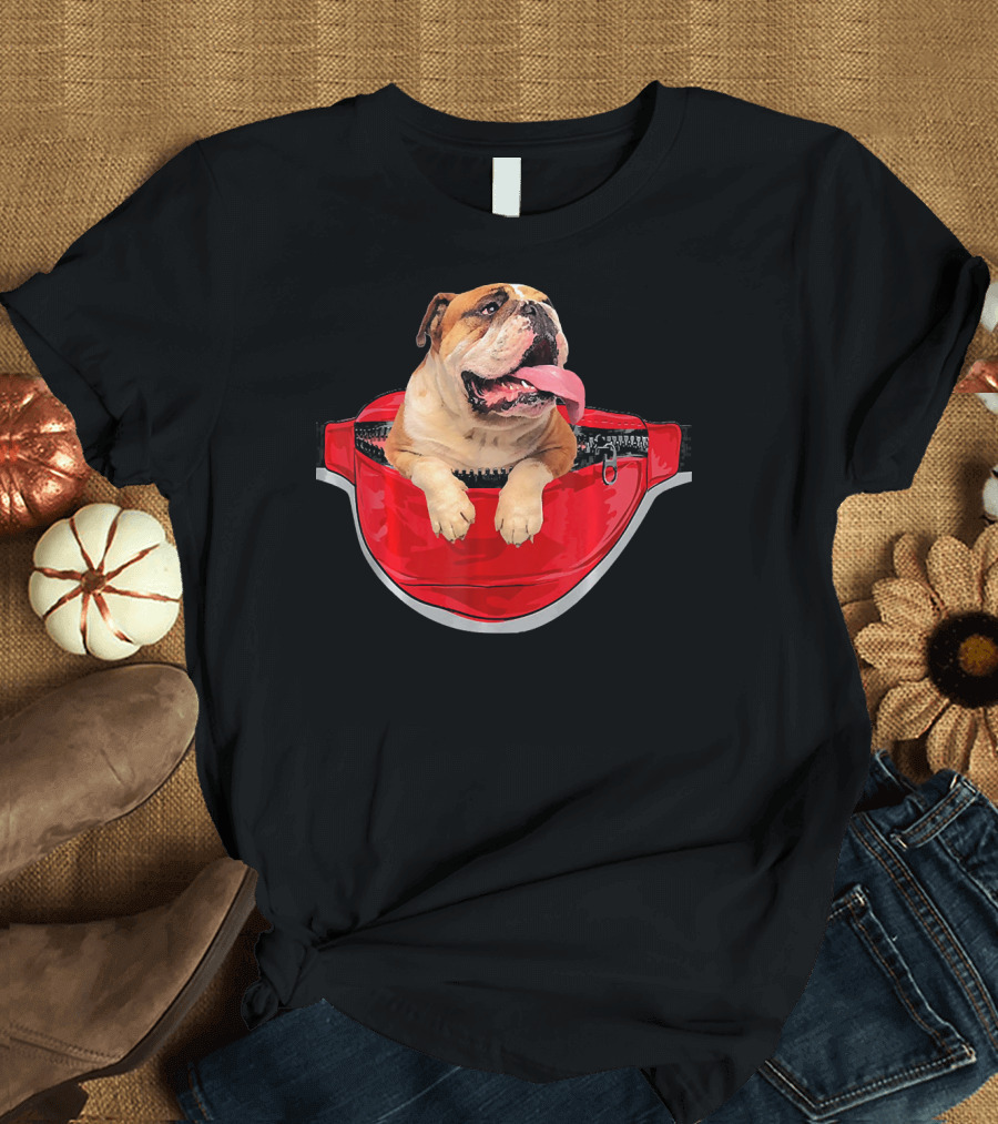 Funny English Bulldog in Red Waist Pack Poc Dog Carrier T-Shirt