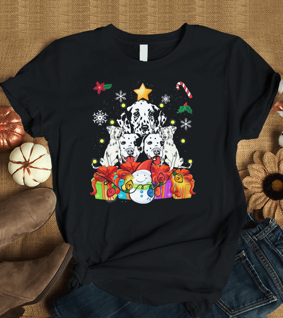 Funny Dalmatian Dogs with Christmas Tree Snowman and Gifts T-Shirt