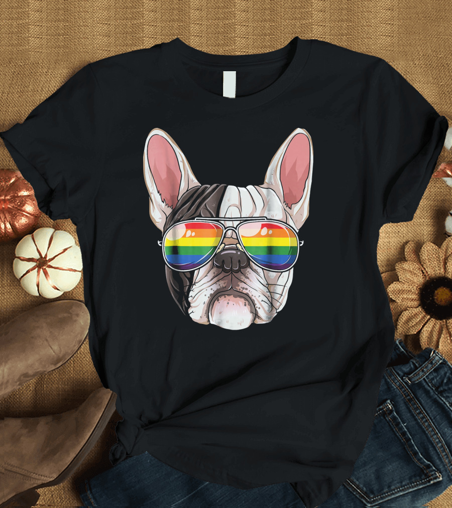 French Bulldog Wearing Rainbow Pride Flag Sunglasses T-Shirt
