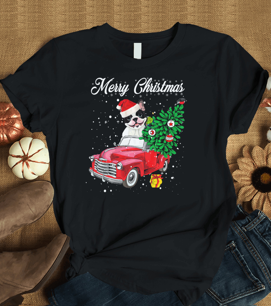 Merry Christmas French Bulldog Santa Hat Red Truck Christmas Tree Present T-Shirt
