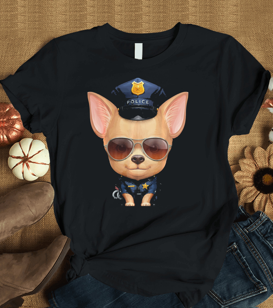 Chihuahua Police Officer in Sunglasses and Uniform T-Shirt