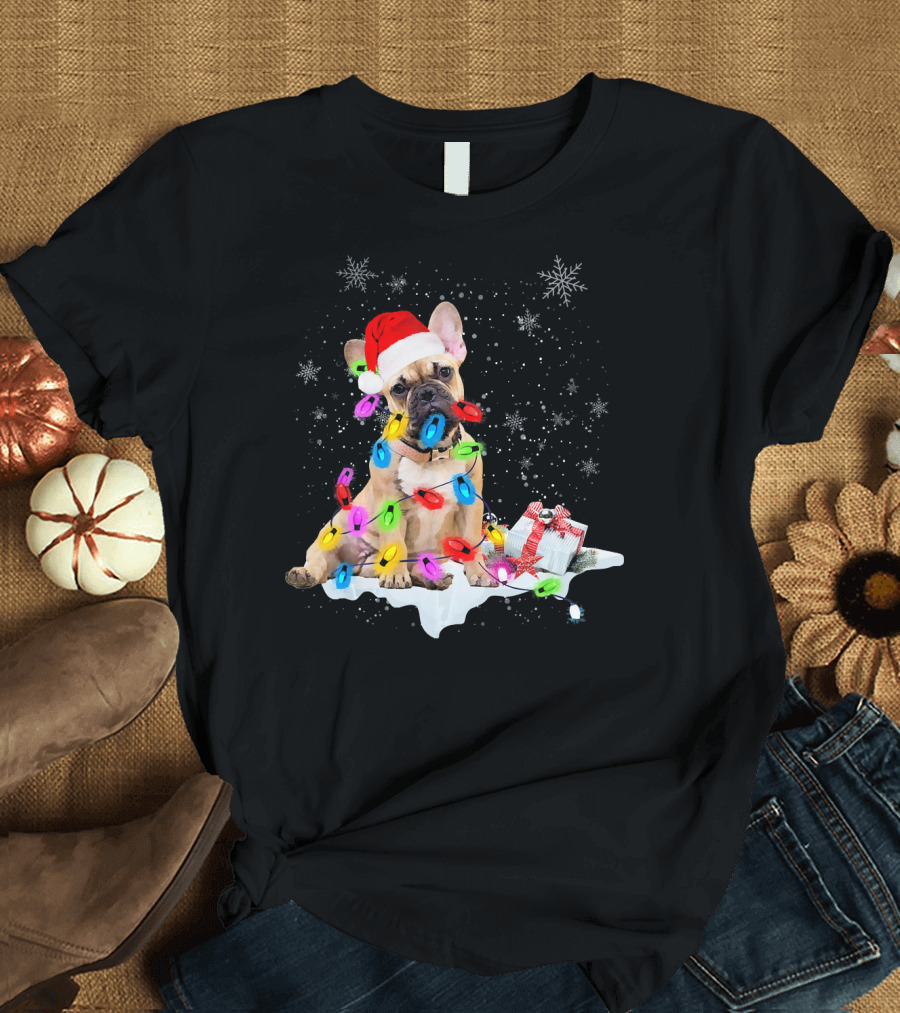 French Bulldog Christmas Lights Santa Hat Snowflakes Gift Box T-Shirt
