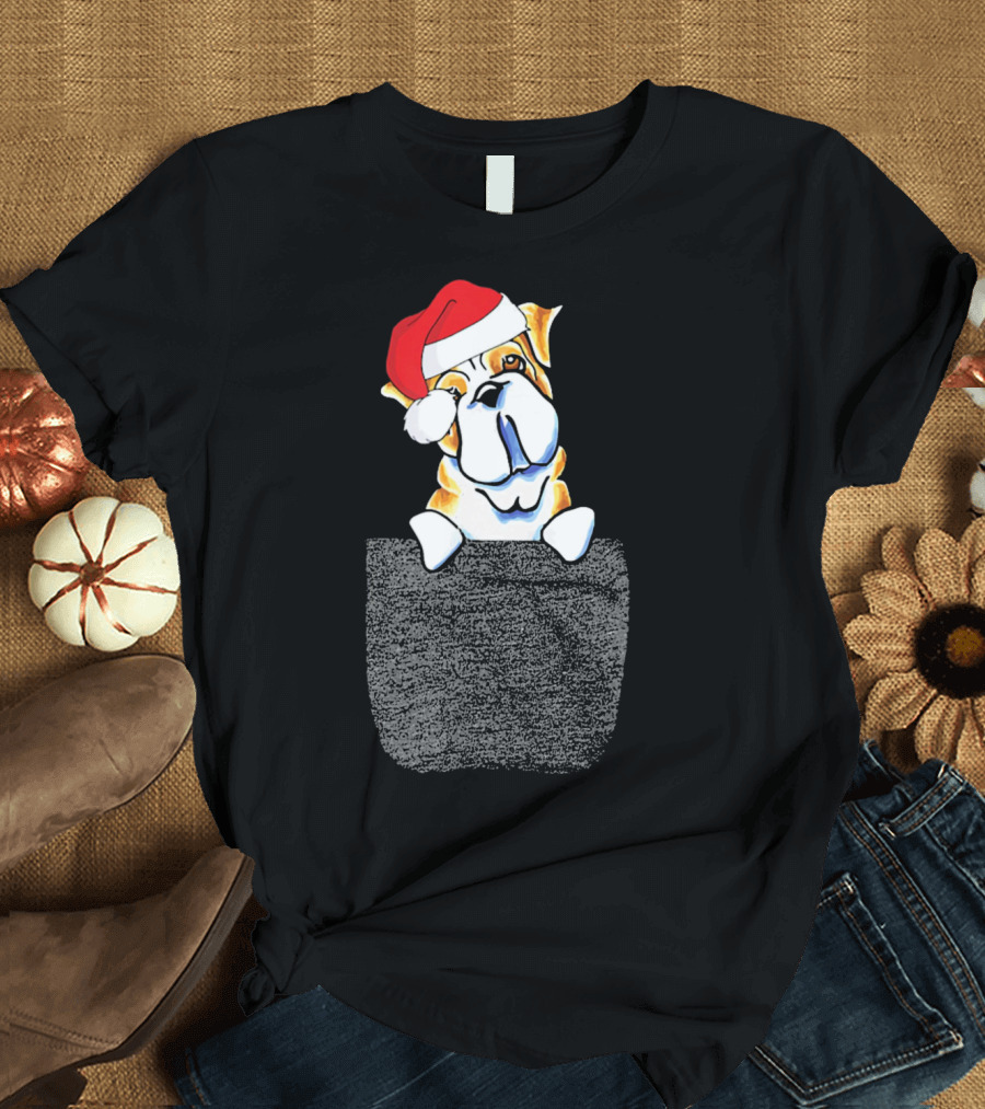 English Bulldog with Santa Hat in Pocket T-Shirt