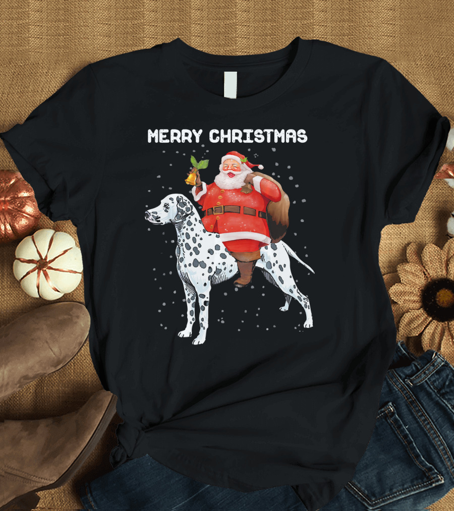 Merry Christmas Funny Santa Riding Dalmatian Dog T-Shirt