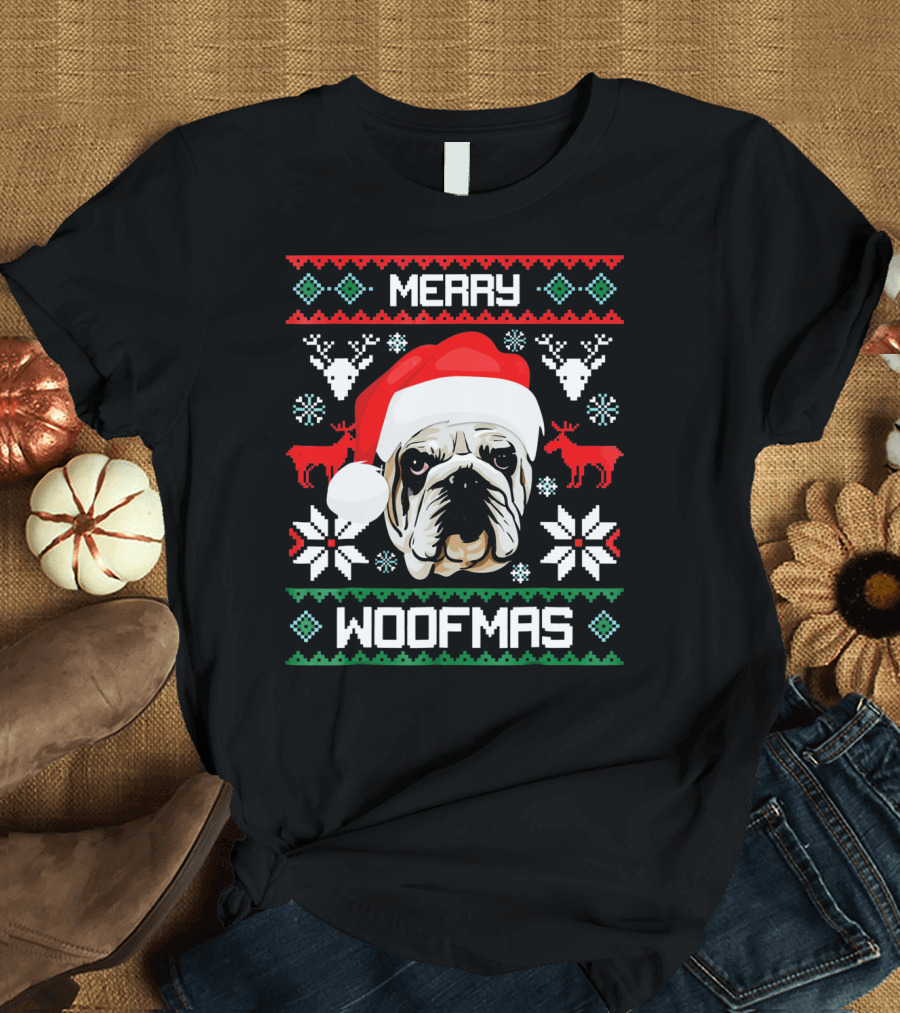 Merry Woofmas English Bulldog Santa Hat Ugly Christmas T-Shirt