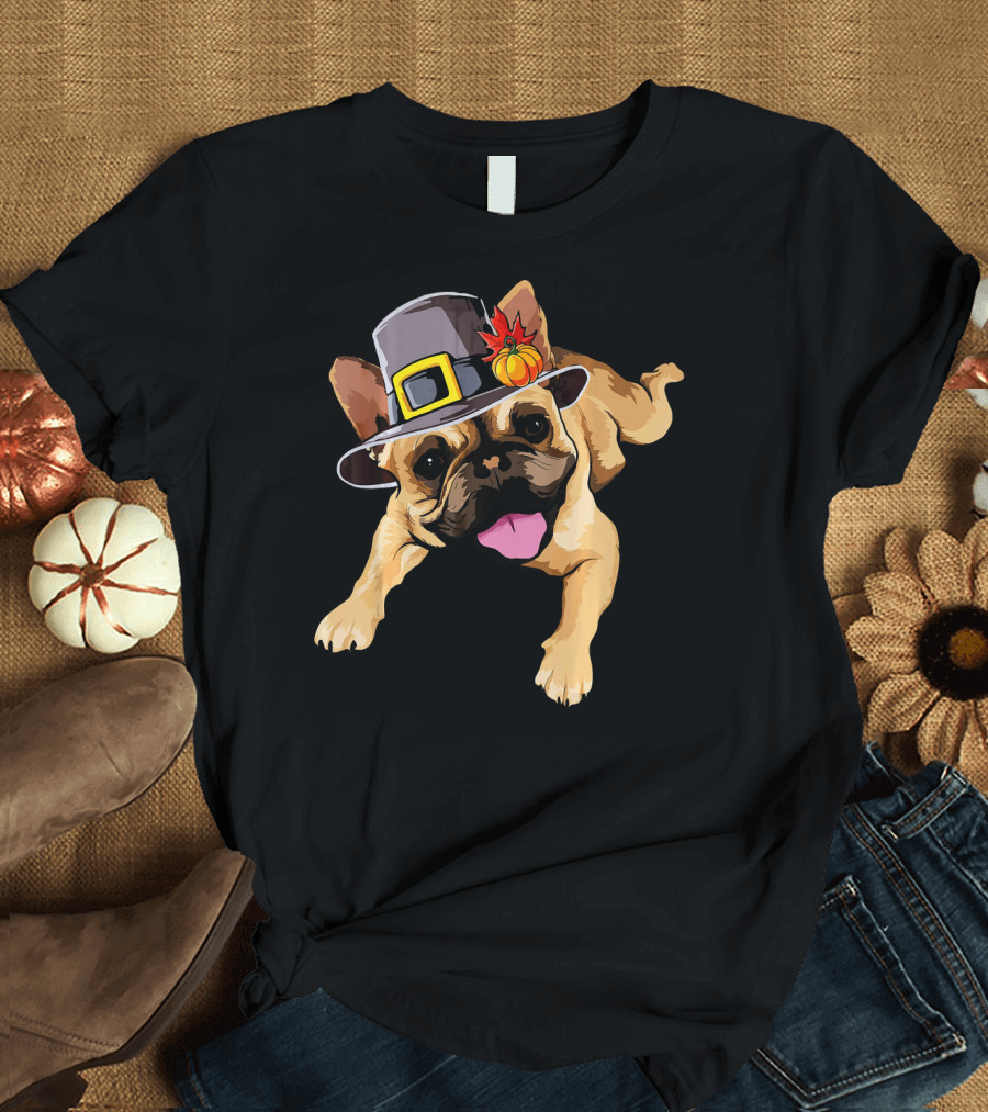 French Bulldog with Pilgrim Hat and Harvest Decor for Dog Lover Happiness T-Shirt