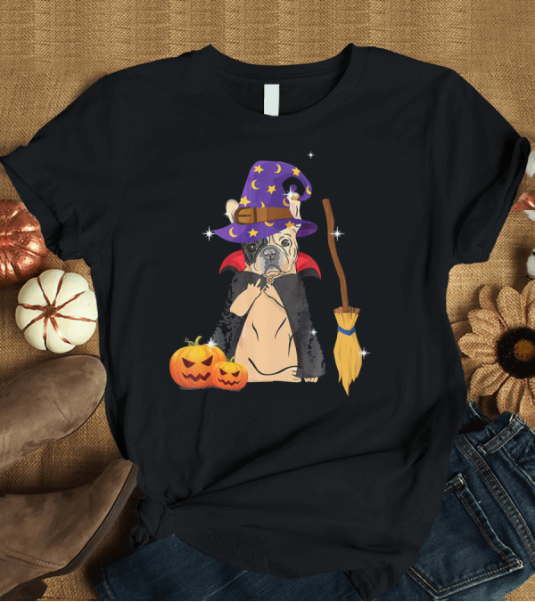T-Shirt: Funny French Bulldog Wizard with Halloween Pumpkins and Broomstick T-Shirt Funny French Bulldog Wizard with Halloween Pumpkins and Broomstick T-Shirt