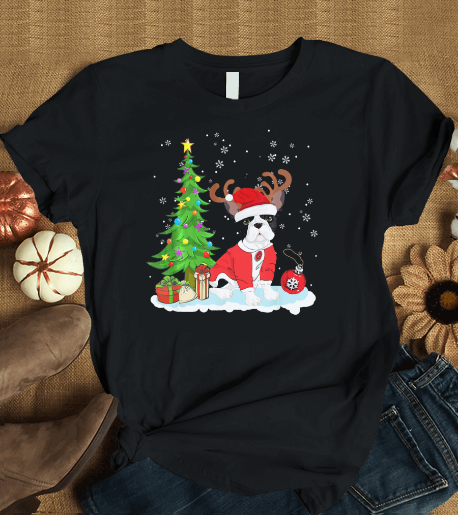 French Bulldog Christmas Santa with Reindeer Antlers by Christmas Tree T-Shirt