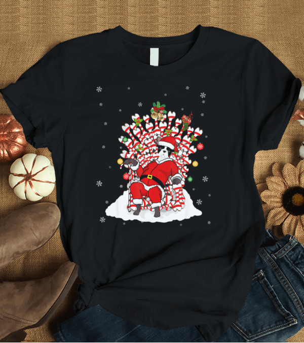 T-Shirt: French Bulldog Santa on Candy Cane Throne with Snowflakes and Holiday Decor T-Shirt French Bulldog Santa on Candy Cane Throne with Snowflakes and Holiday Decor T-Shirt