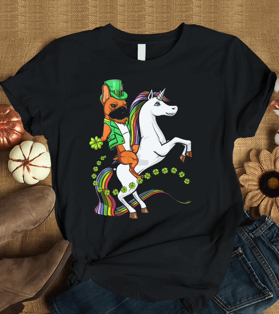 French Bulldog Leprechaun with Shamrocks Riding Rainbow Unicorn T-Shirt