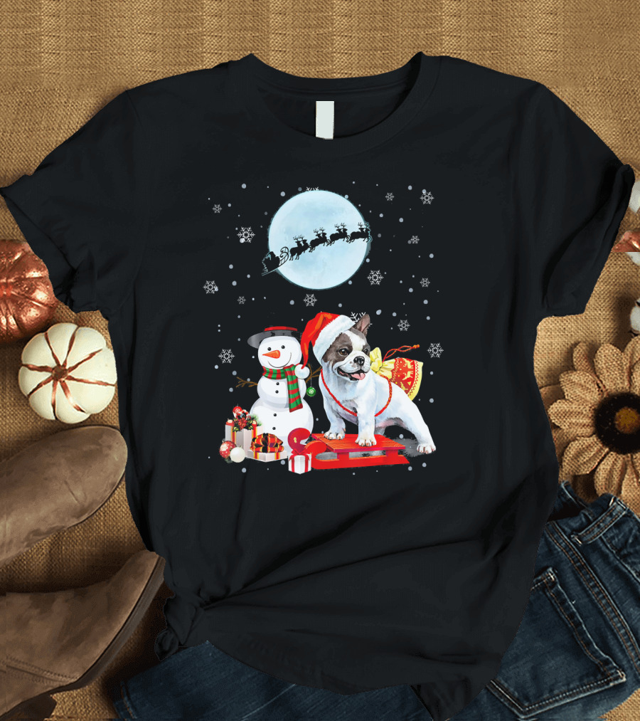 French Bulldog Santa Snowman Sleigh Presents Moon Snowflakes T-Shirt