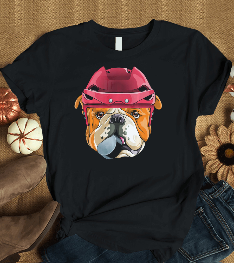 English Bulldog Wearing Hockey Helmet With Puck T-Shirt