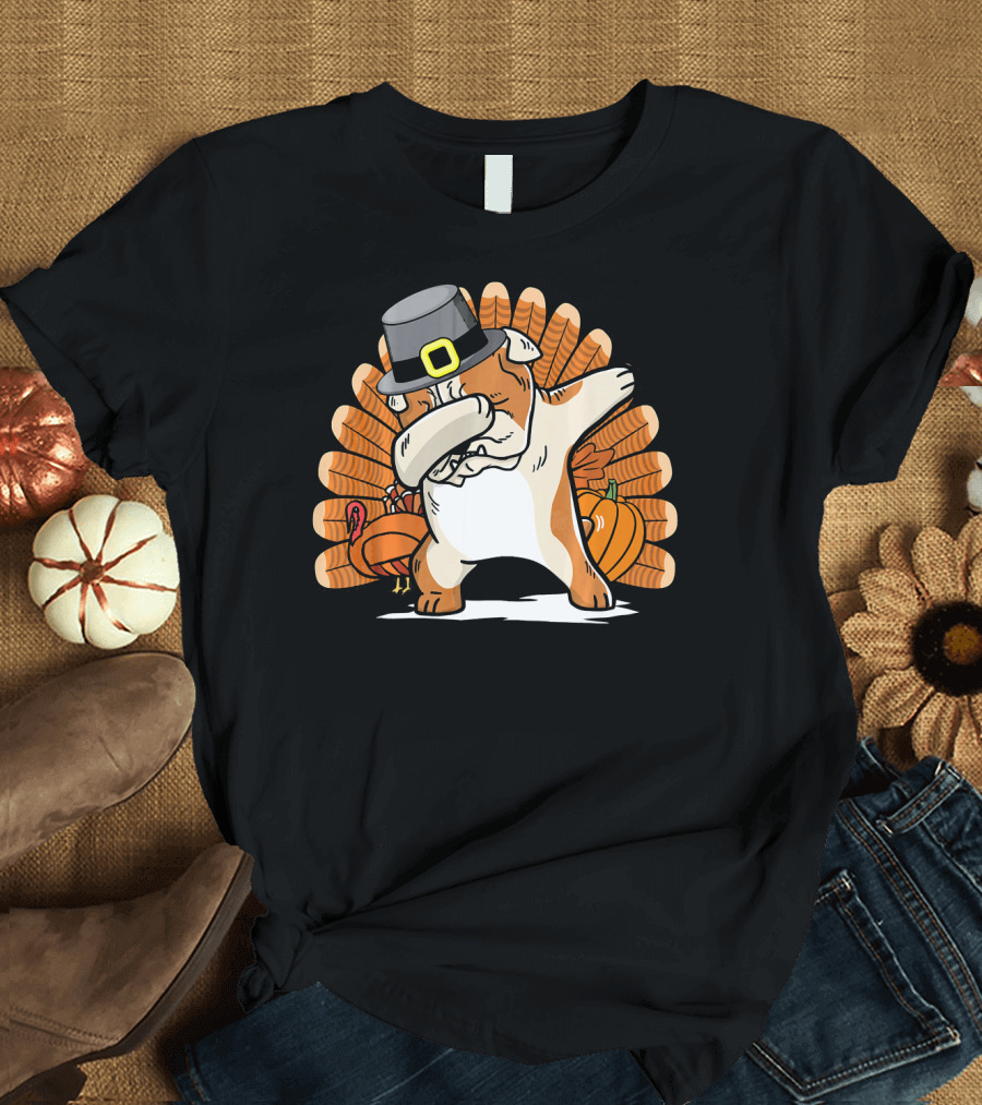 Thanksgiving English Bulldog Dabbing Pilgrim Turkey Pumpkin T-Shirt
