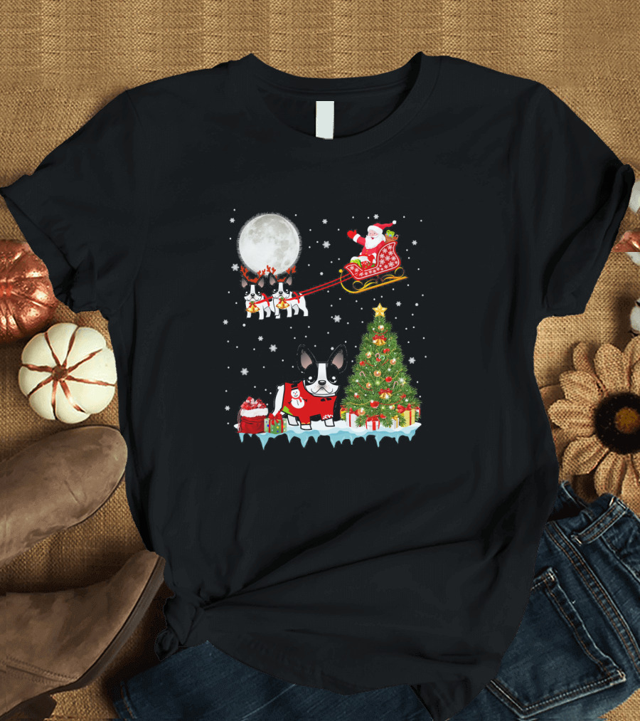 Santa Sleigh French Bulldog Reindeer Christmas Tree Holiday Fun T-Shirt